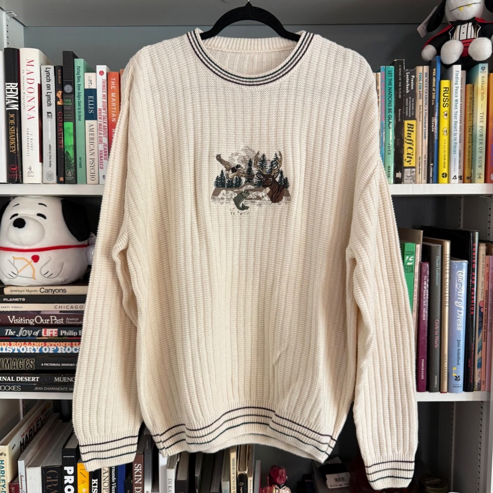 Vintage Wildlife Embroidery Ribbed Crewneck Sweater Cream XL
